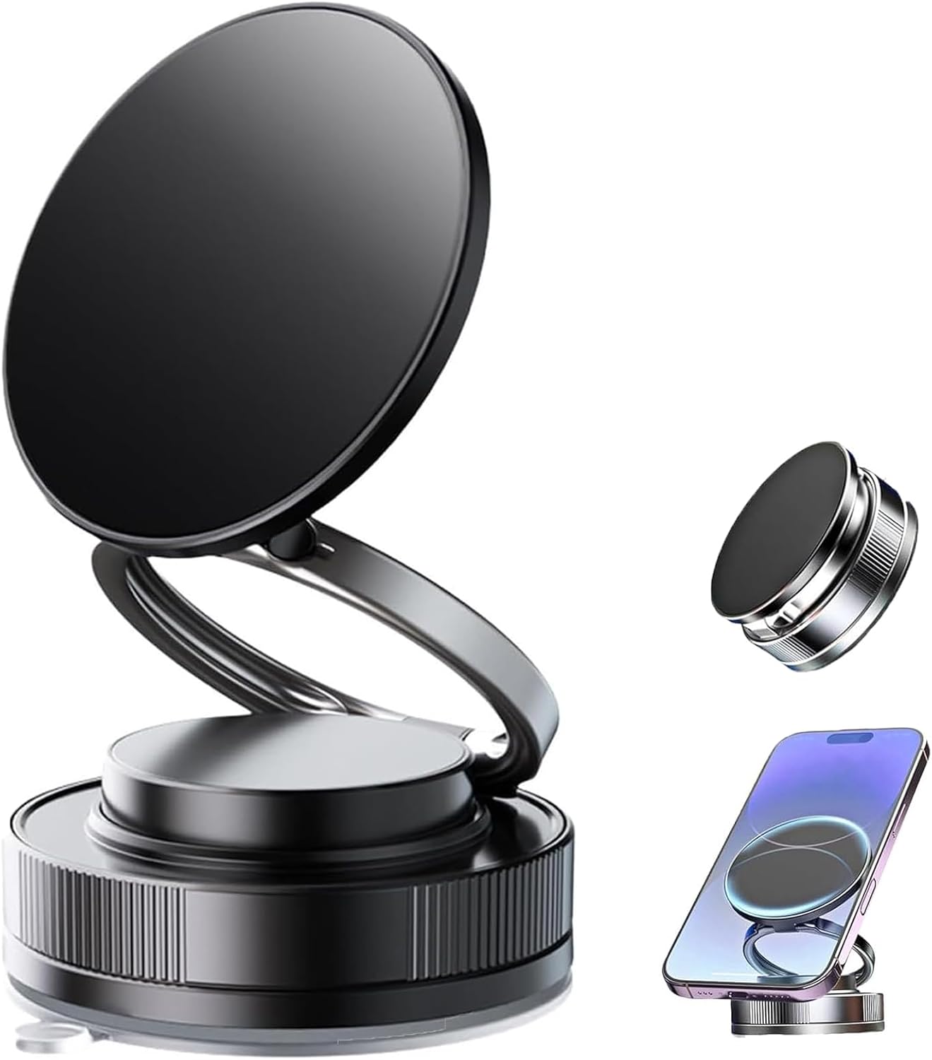 360° Foldable Magnetic Phone Mount, Adjustable & Retractable Magnetic Phone Holder, Rotating Suction Cup Phones Mounts, Hands-Free, for Car, On Table or Mirror (Black)