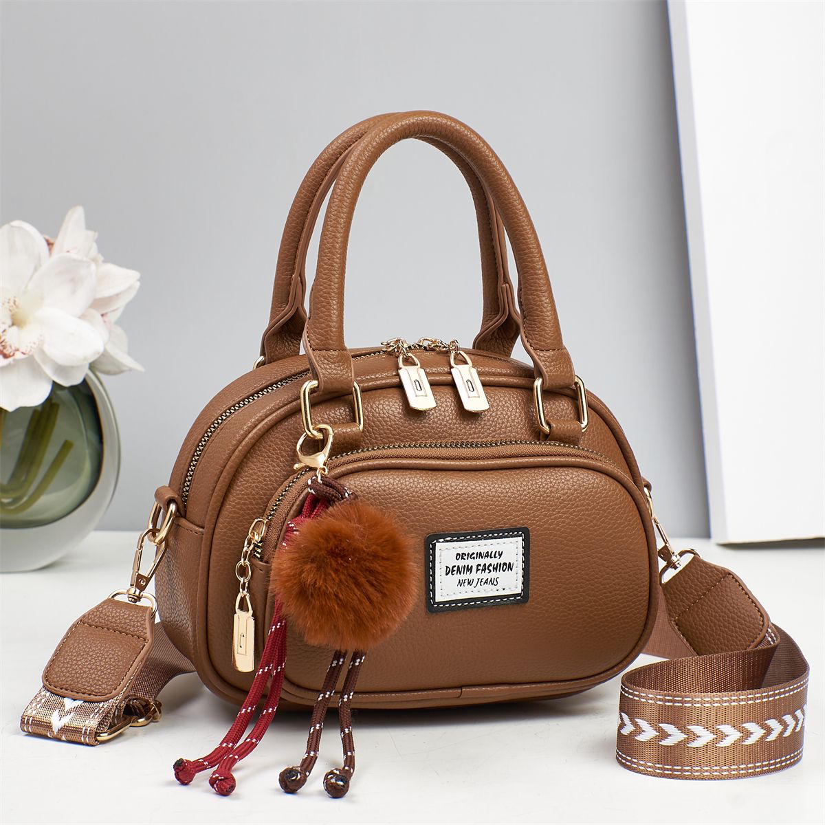 Sage Green Mini Satchel Handbag with Pom Pom Charm and Crossbody Strap