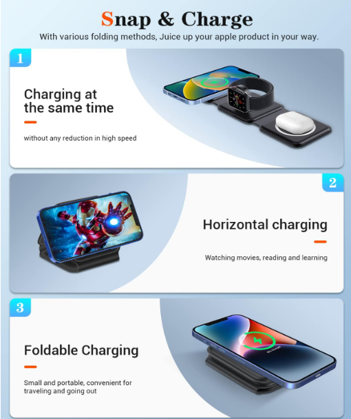 O-Lonnie HD-02 3 in 1 Wireless Charger,Magnetic Foldable Charging Station,Fast Wireless
