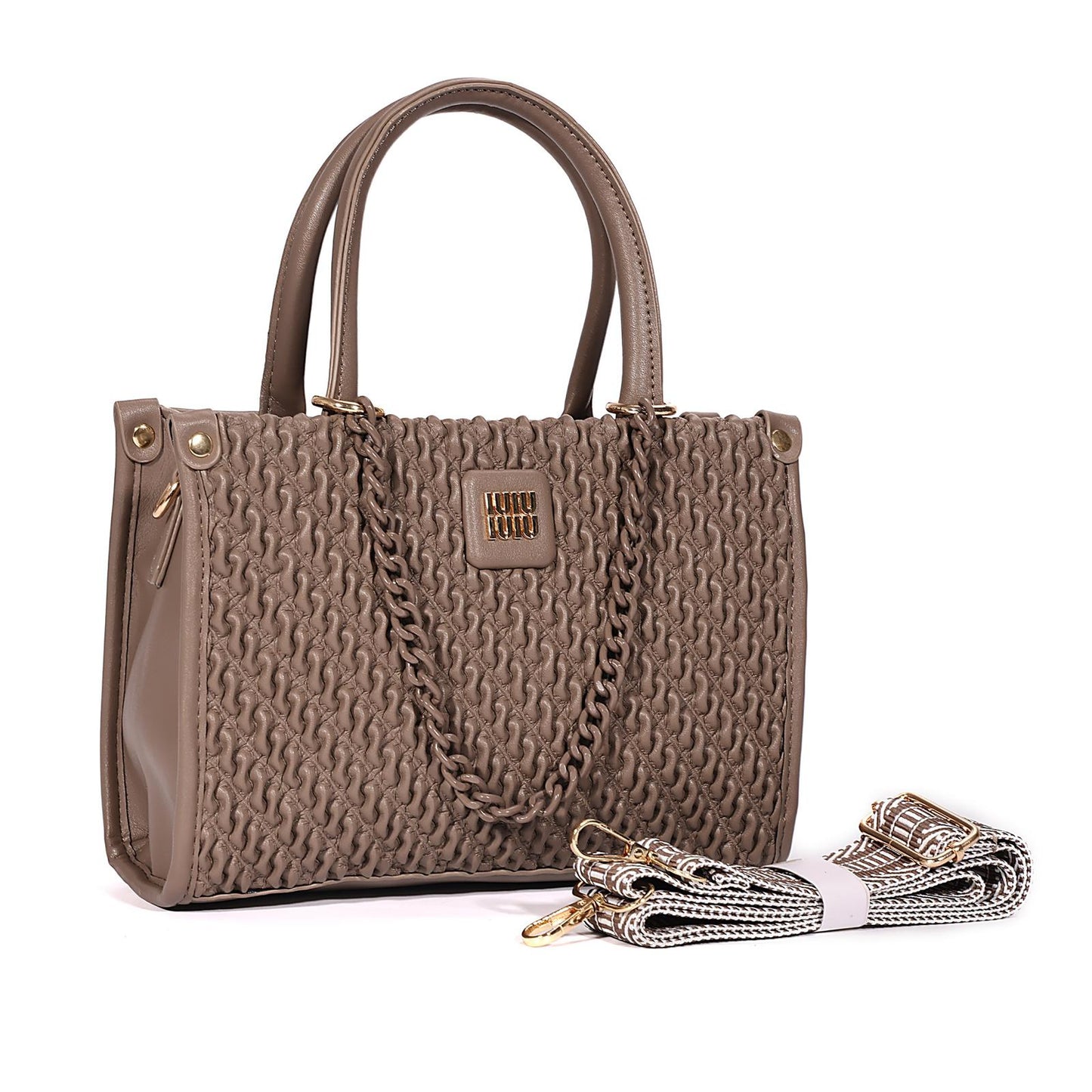 Elegant Woven Texture Shoulder Bag with Gold Hardware