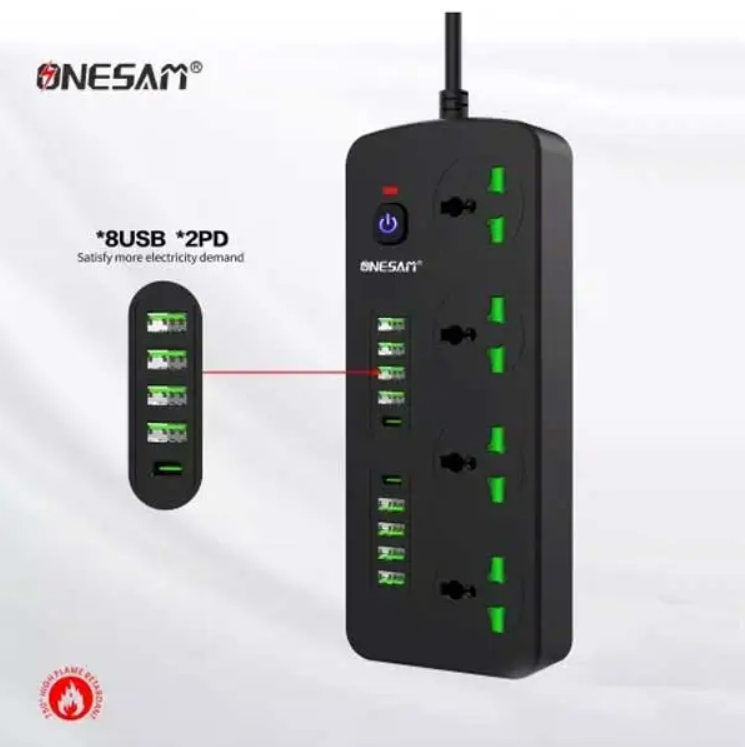 Onesam – Power Extension With 8 USB Ports 2 PD And 4 Power Socket Cord 2 Meter