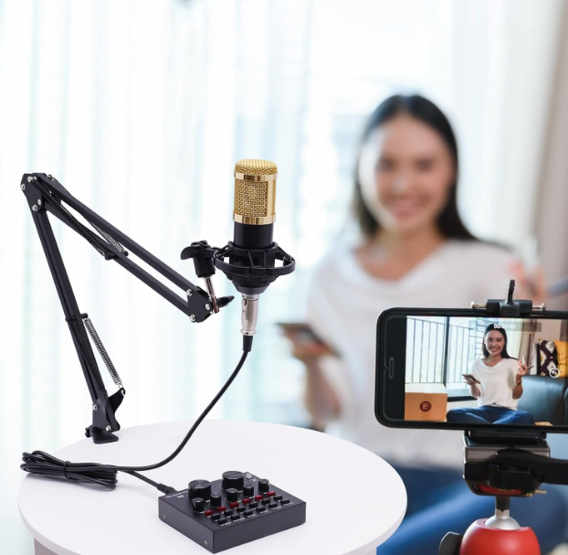 WOQLIBE Condenser Microphone Set, Recording Equipment V8 Live Sound Card
