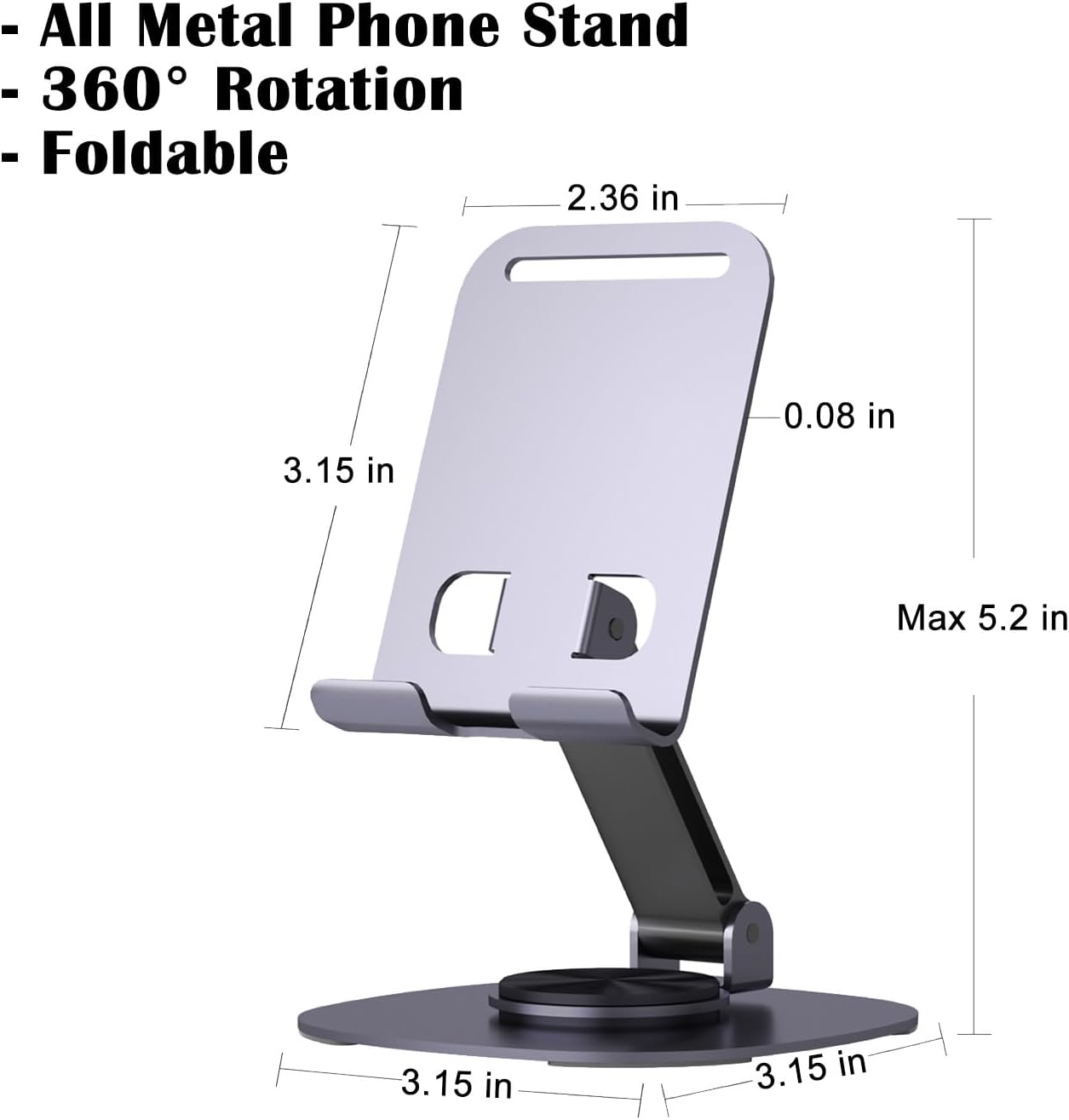 Phone Stand Cellphone Holder Suitable for Mini Tablet Pad All Metal 360° Rotation Stable Adjustable Foldable Scalable Non-Slippery Portable for Travel