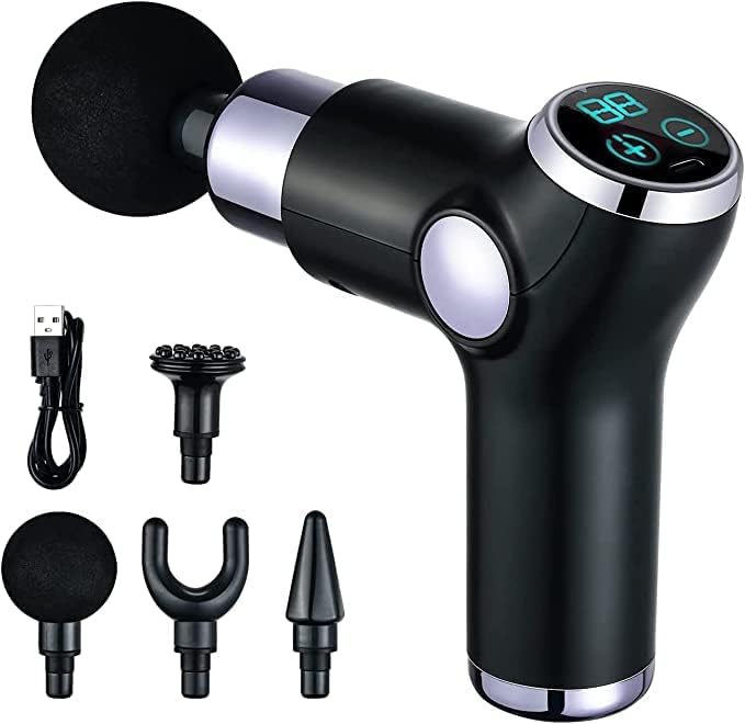 Earlmdom ET-V3 Portable Mini Massage Gun, Body Vibration Massager, Rechargeable Deep Muscle Massager for Pain Relief, 32 Speeds Electronic Display with 4 Massage Heads for Gym, Office, Home