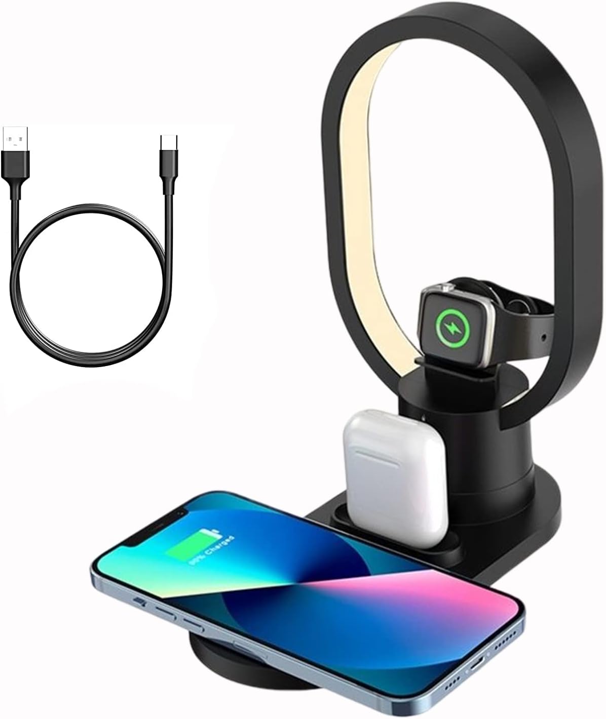 4 in 1 Wireless Charging Station, Fast 15W Wireless Charger with Desk Lamp, Charging Stand for Apple Watch/Smartwatch, AirPods, Apple/Samsung/Huawei/Xiaomi/Google/LG