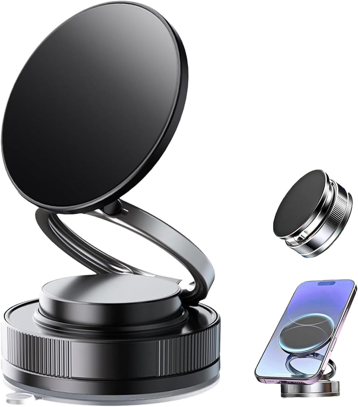 360° Foldable Magnetic Phone Mount, Adjustable & Retractable Magnetic Phone Holder, Rotating Suction Cup Phones Mounts, Hands-Free, for Car, On Table or Mirror (Black)