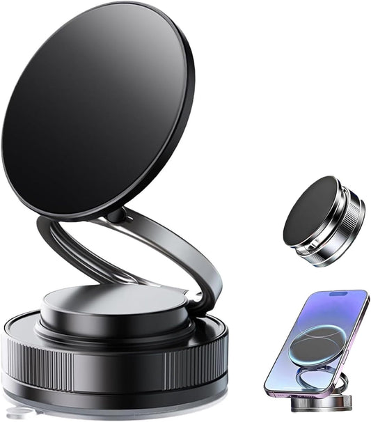 360° Foldable Magnetic Phone Mount, Adjustable & Retractable Magnetic Phone Holder, Rotating Suction Cup Phones Mounts, Hands-Free, for Car, On Table or Mirror (Black)