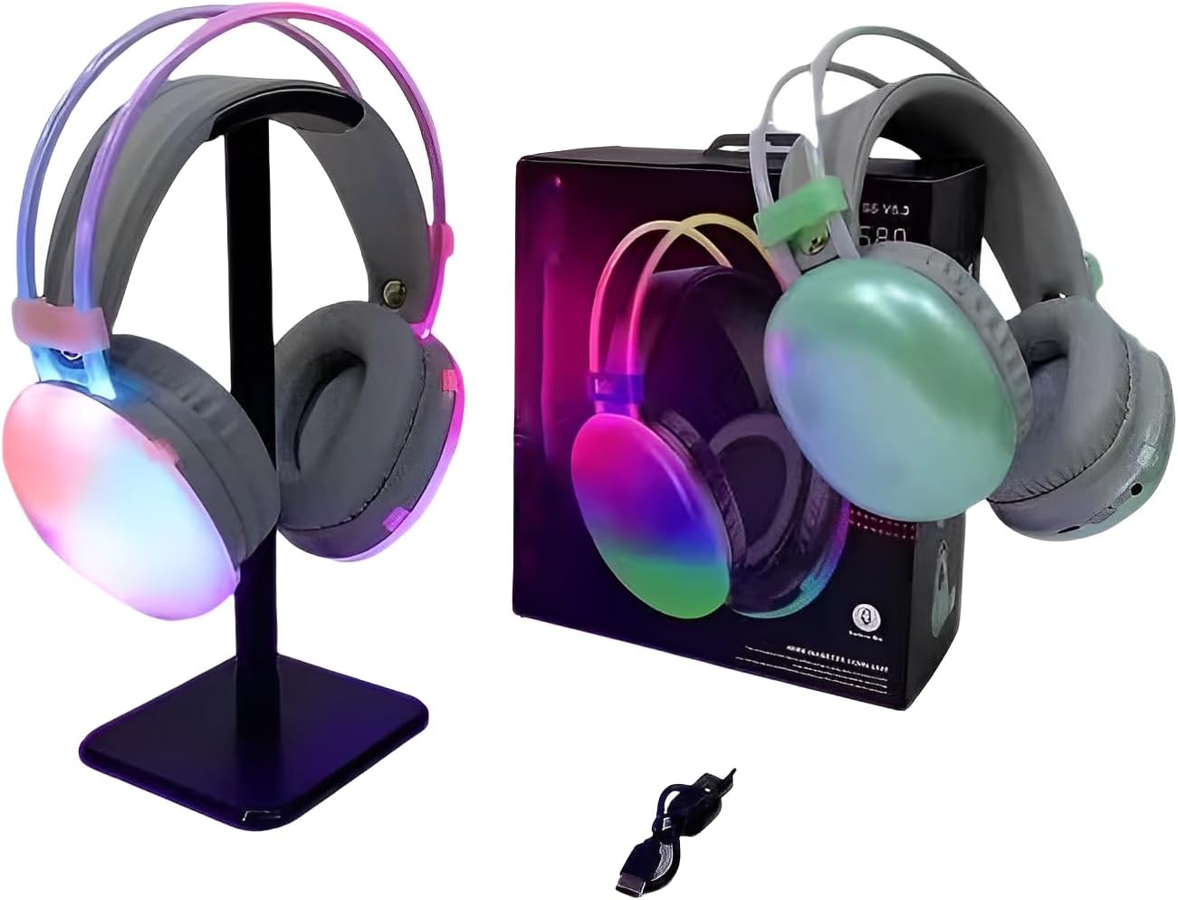 PM - 860 Wireless Bluetooth 5.3 Headphones, Green - Over Ear Gaming Headset with RGB Lights, Virtual 7.1 Surround Sound, USB Wired, Noise Cancelling Mic