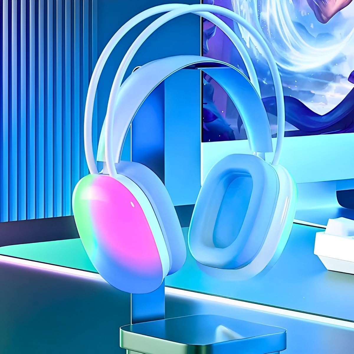 PM - 860 Wireless Bluetooth 5.3 Headphones, Green - Over Ear Gaming Headset with RGB Lights, Virtual 7.1 Surround Sound, USB Wired, Noise Cancelling Mic