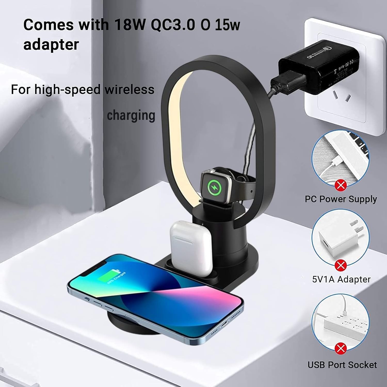 4 in 1 Wireless Charging Station, Fast 15W Wireless Charger with Desk Lamp, Charging Stand for Apple Watch/Smartwatch, AirPods, Apple/Samsung/Huawei/Xiaomi/Google/LG