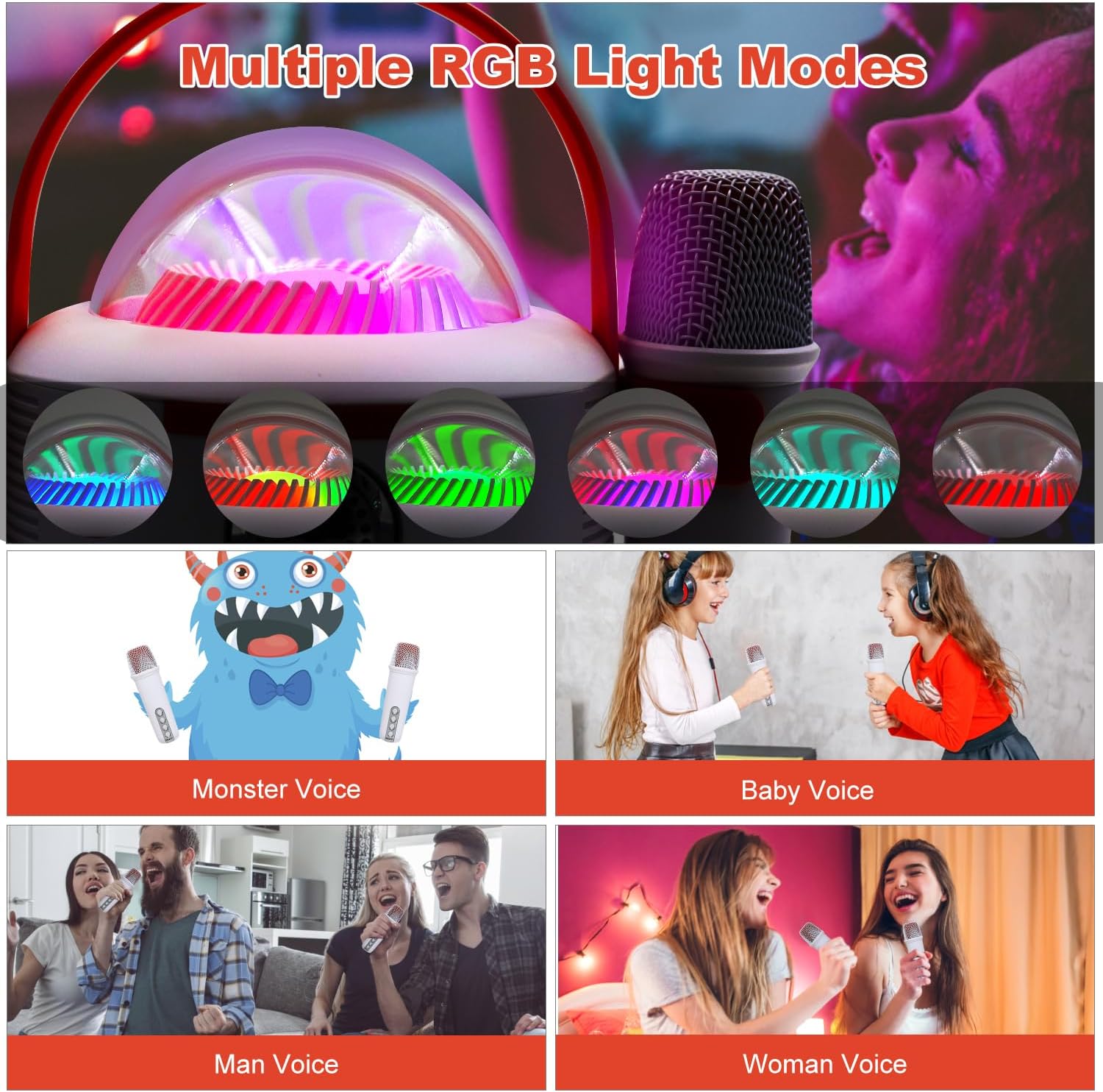AURTEC Bluetooth Karaoke Machine with Two Wireless Microphones, Portable Design with Large Battery, RGB Light Effects & Voice Changer, Bluetooth 5.0 Powerful Speaker, AUX and TF Card Input, White