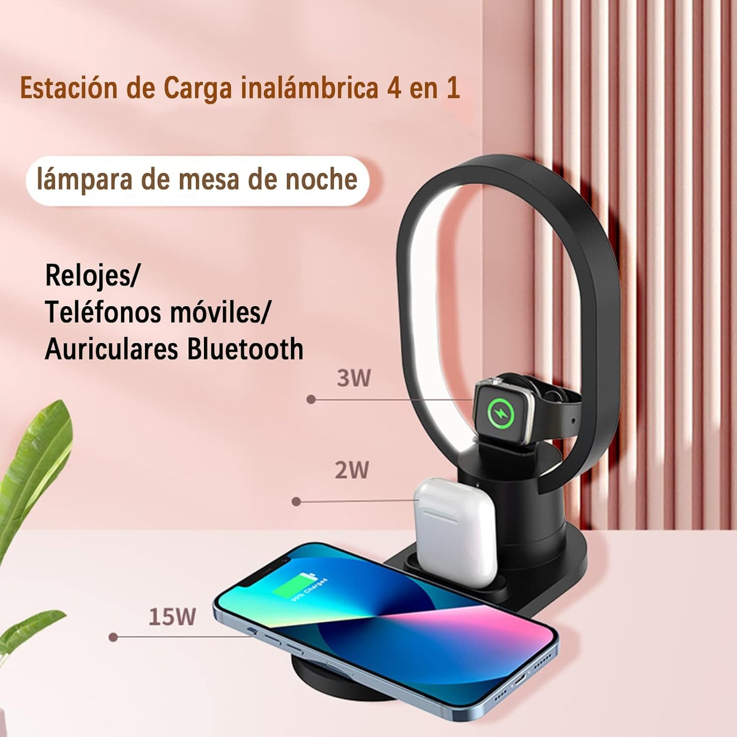 4 in 1 Wireless Charging Station, Fast 15W Wireless Charger with Desk Lamp, Charging Stand for Apple Watch/Smartwatch, AirPods, Apple/Samsung/Huawei/Xiaomi/Google/LG