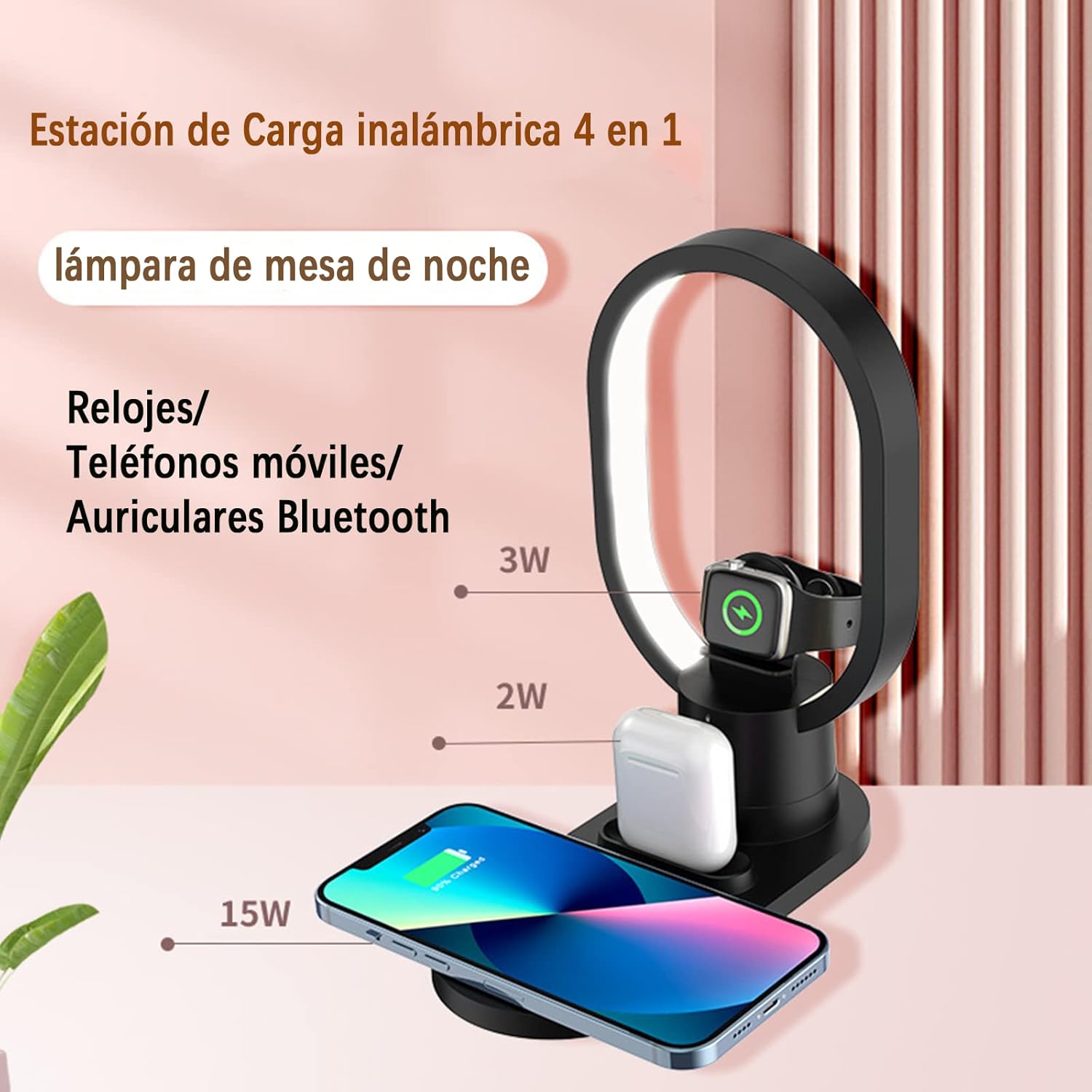 4 in 1 Wireless Charging Station, Fast 15W Wireless Charger with Desk Lamp, Charging Stand for Apple Watch/Smartwatch, AirPods, Apple/Samsung/Huawei/Xiaomi/Google/LG
