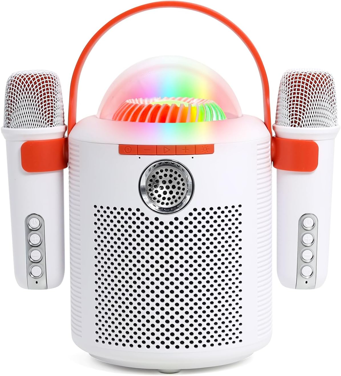 AURTEC Bluetooth Karaoke Machine with Two Wireless Microphones, Portable Design with Large Battery, RGB Light Effects & Voice Changer, Bluetooth 5.0 Powerful Speaker, AUX and TF Card Input, White