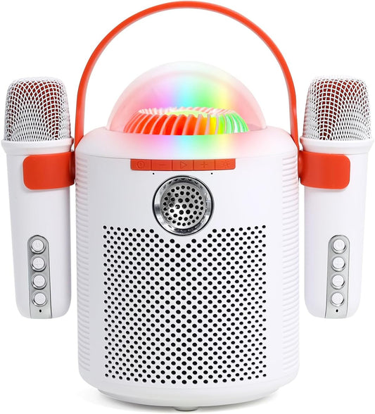 AURTEC Bluetooth Karaoke Machine with Two Wireless Microphones, Portable Design with Large Battery, RGB Light Effects & Voice Changer, Bluetooth 5.0 Powerful Speaker, AUX and TF Card Input, White