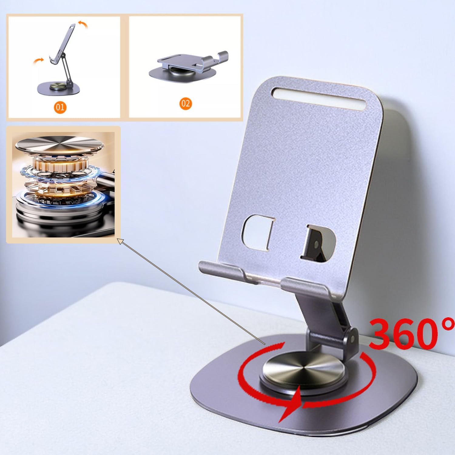 Phone Stand Cellphone Holder Suitable for Mini Tablet Pad All Metal 360° Rotation Stable Adjustable Foldable Scalable Non-Slippery Portable for Travel
