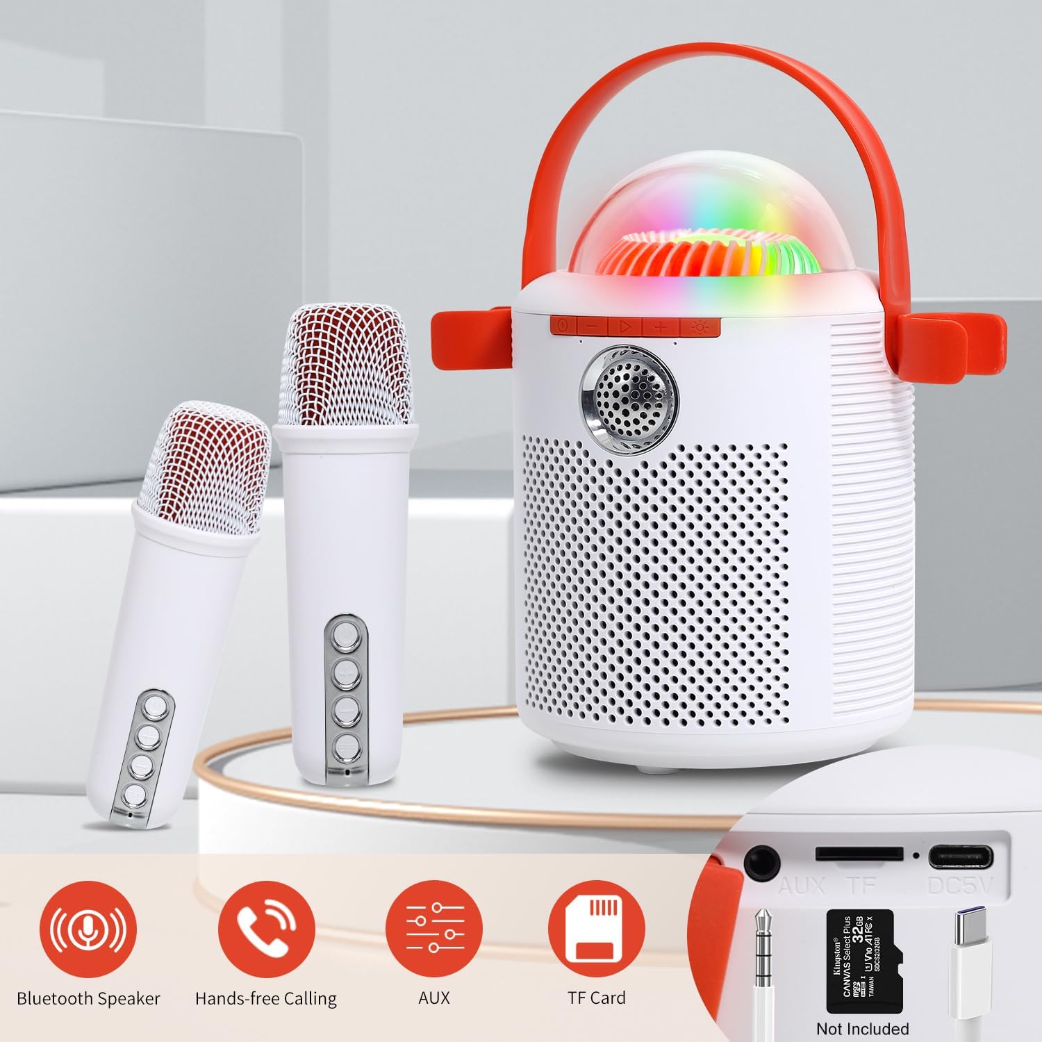 AURTEC Bluetooth Karaoke Machine with Two Wireless Microphones, Portable Design with Large Battery, RGB Light Effects & Voice Changer, Bluetooth 5.0 Powerful Speaker, AUX and TF Card Input, White