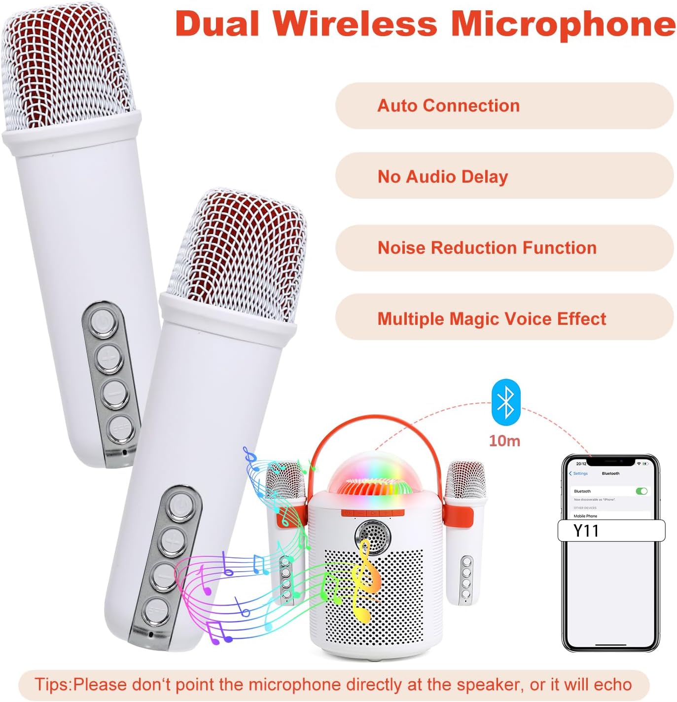 AURTEC Bluetooth Karaoke Machine with Two Wireless Microphones, Portable Design with Large Battery, RGB Light Effects & Voice Changer, Bluetooth 5.0 Powerful Speaker, AUX and TF Card Input, White
