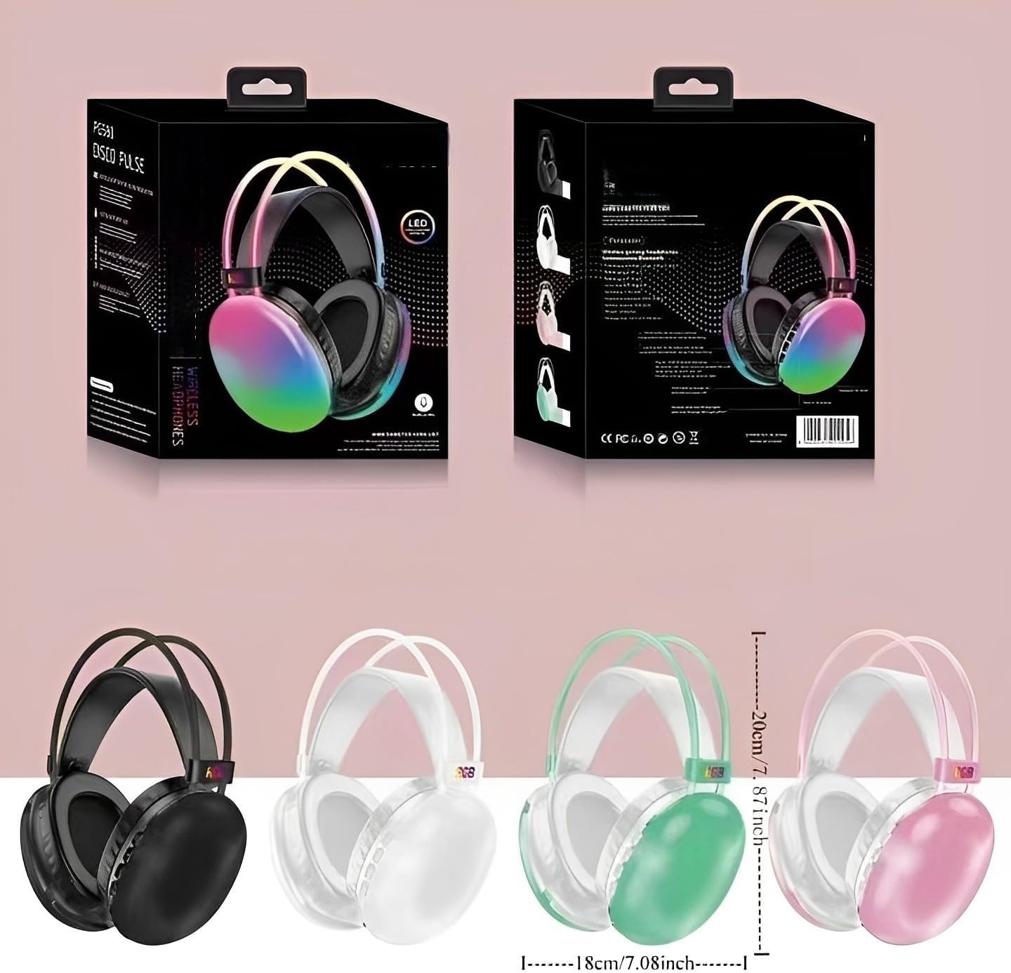 PM - 860 Wireless Bluetooth 5.3 Headphones, Green - Over Ear Gaming Headset with RGB Lights, Virtual 7.1 Surround Sound, USB Wired, Noise Cancelling Mic