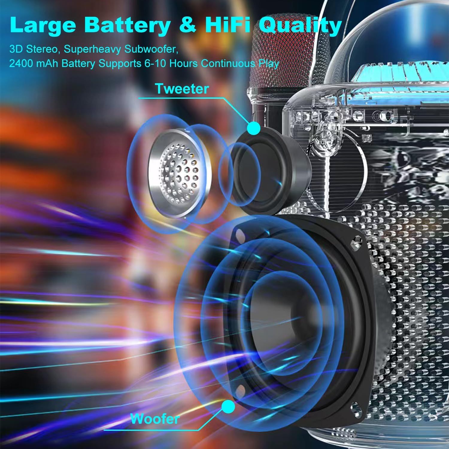 AURTEC Bluetooth Karaoke Machine with Two Wireless Microphones, Portable Design with Large Battery, RGB Light Effects & Voice Changer, Bluetooth 5.0 Powerful Speaker, AUX and TF Card Input, White