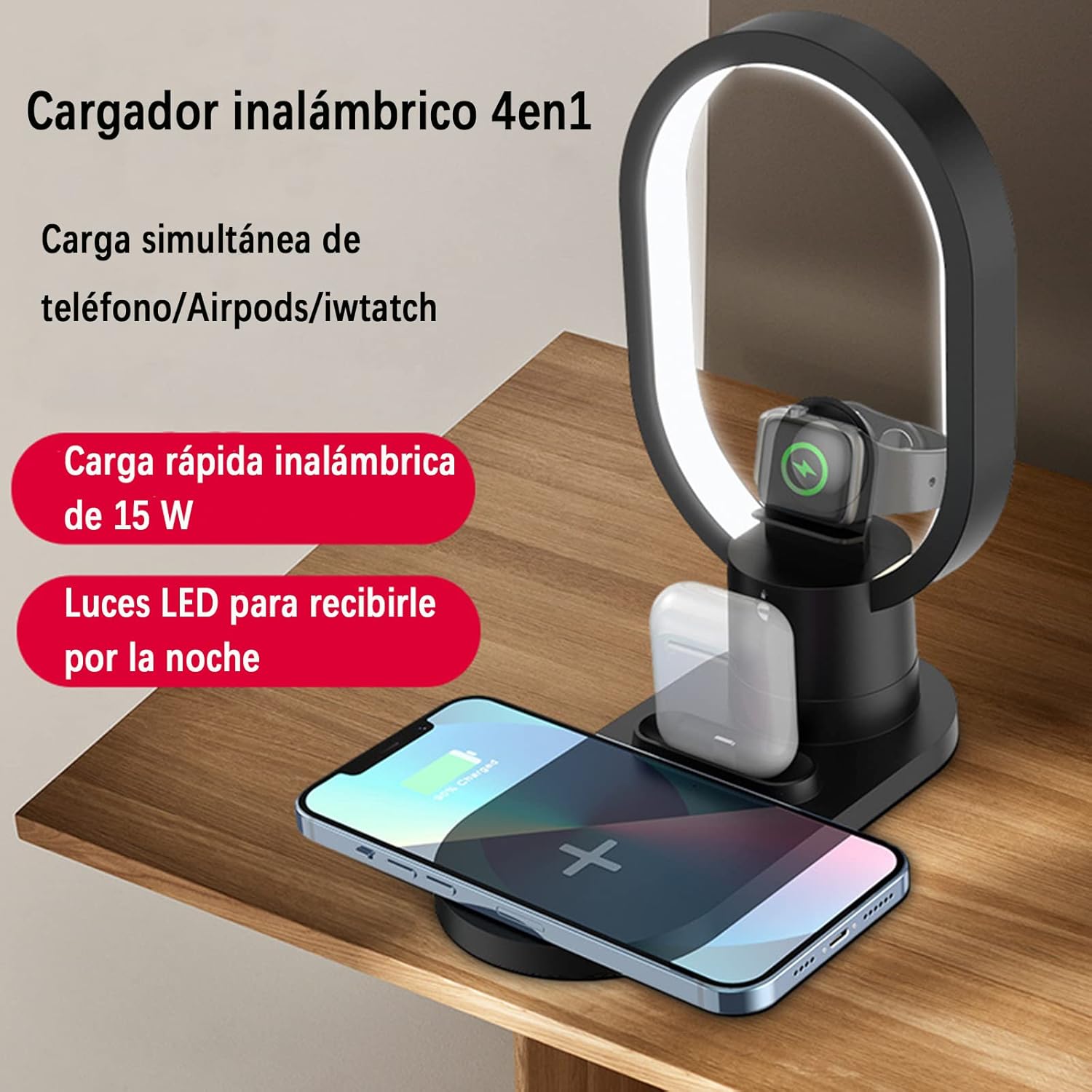 4 in 1 Wireless Charging Station, Fast 15W Wireless Charger with Desk Lamp, Charging Stand for Apple Watch/Smartwatch, AirPods, Apple/Samsung/Huawei/Xiaomi/Google/LG