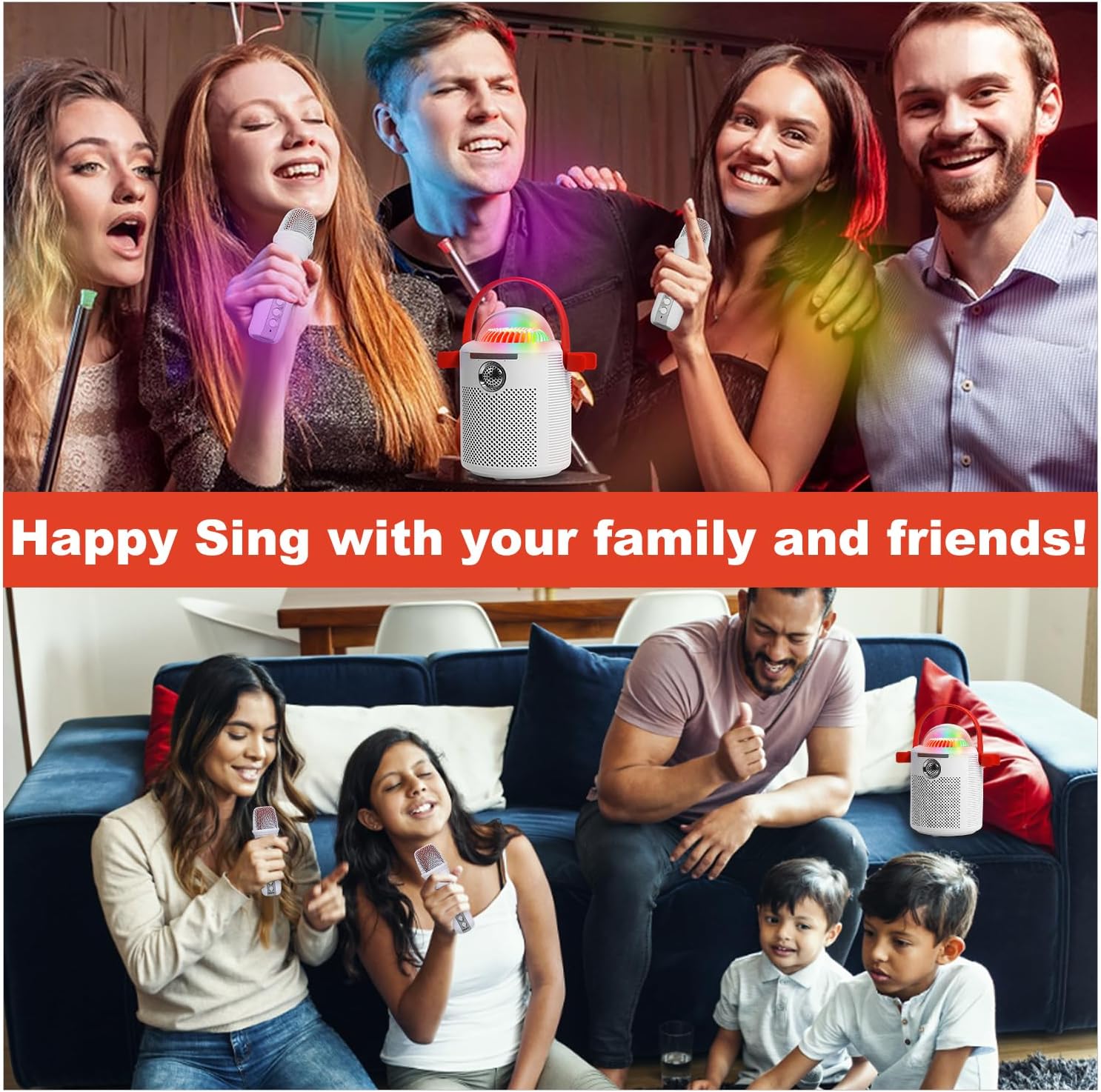 AURTEC Bluetooth Karaoke Machine with Two Wireless Microphones, Portable Design with Large Battery, RGB Light Effects & Voice Changer, Bluetooth 5.0 Powerful Speaker, AUX and TF Card Input, White