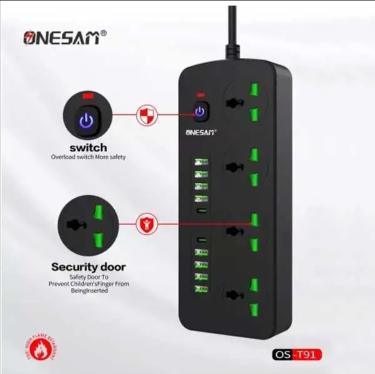 Onesam – Power Extension With 8 USB Ports 2 PD And 4 Power Socket Cord 2 Meter