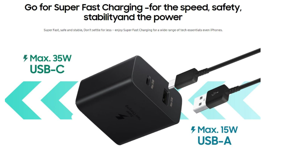 Dual Port 35W Blue Sistam Super Fast Charger Plug Cable, 2in1 35W PD & 15W USB Fast