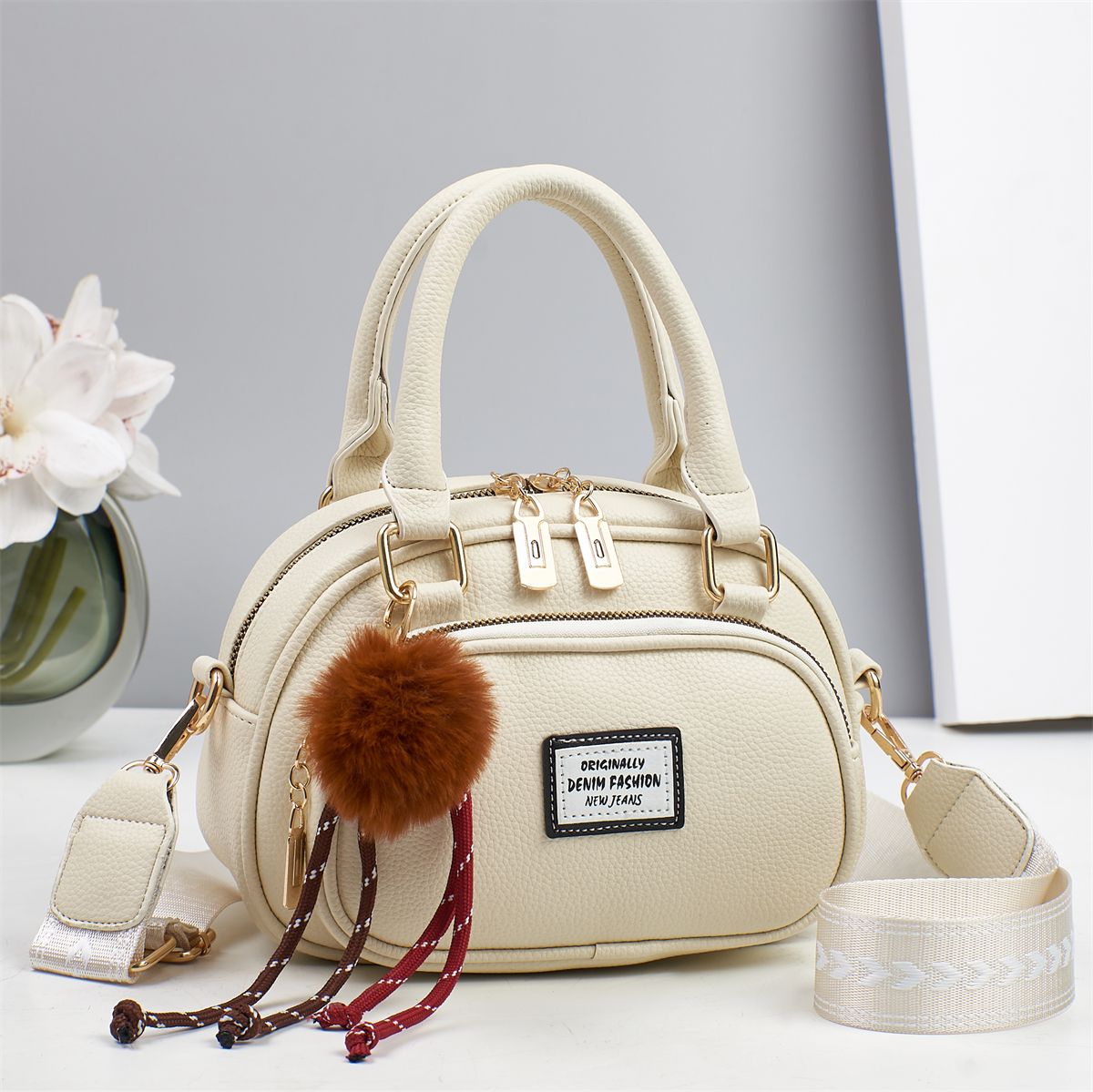 Sage Green Mini Satchel Handbag with Pom Pom Charm and Crossbody Strap