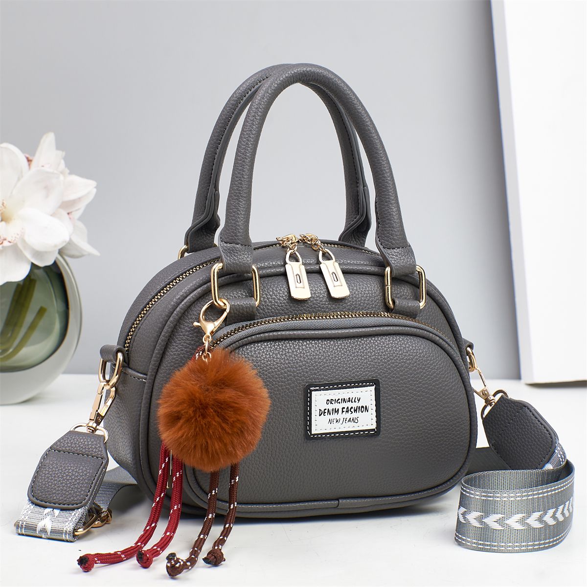 Sage Green Mini Satchel Handbag with Pom Pom Charm and Crossbody Strap