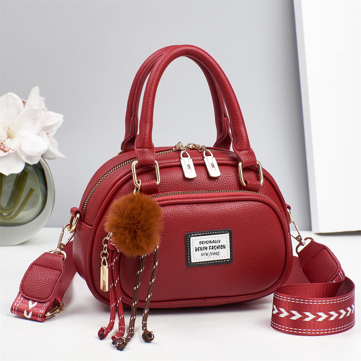 Sage Green Mini Satchel Handbag with Pom Pom Charm and Crossbody Strap