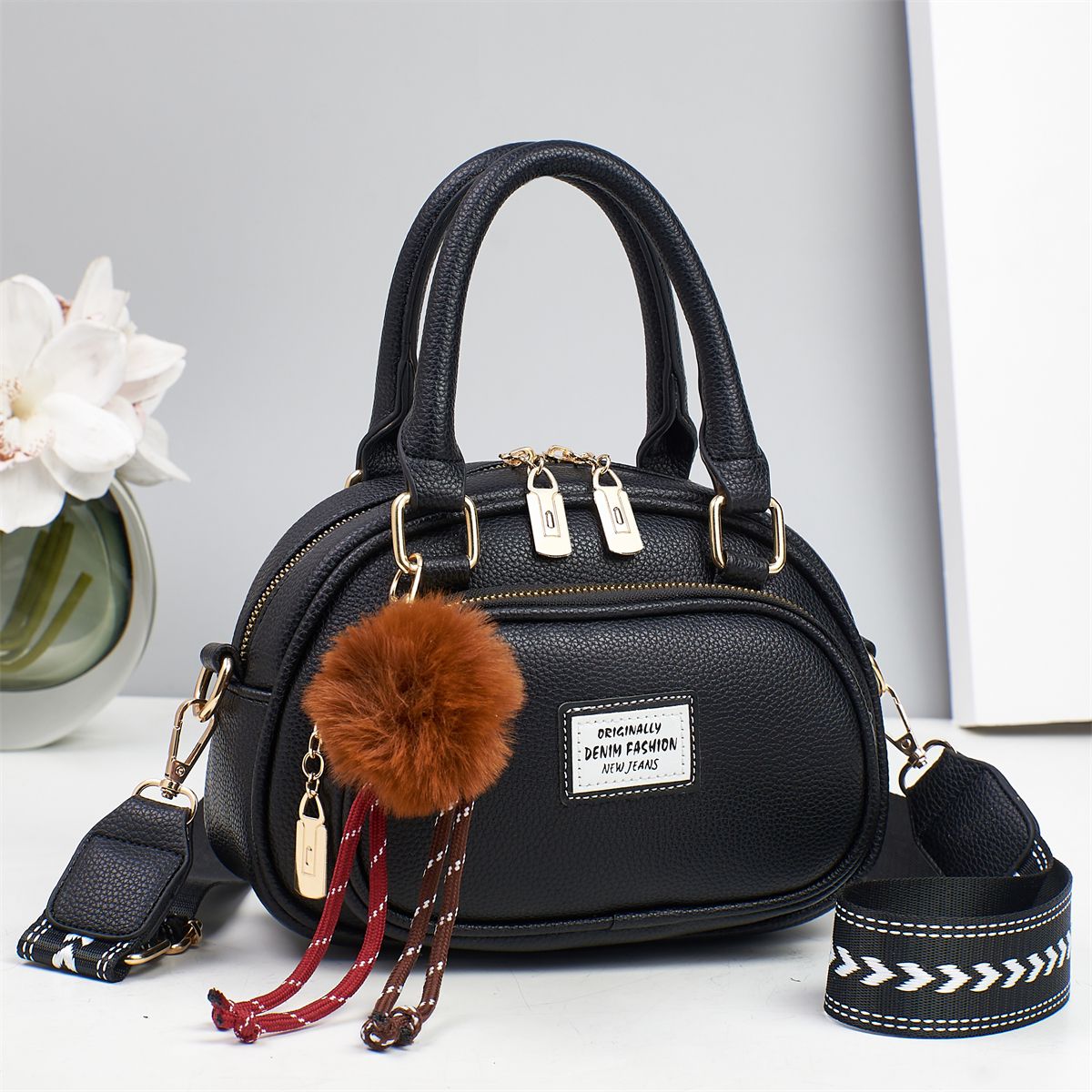 Sage Green Mini Satchel Handbag with Pom Pom Charm and Crossbody Strap