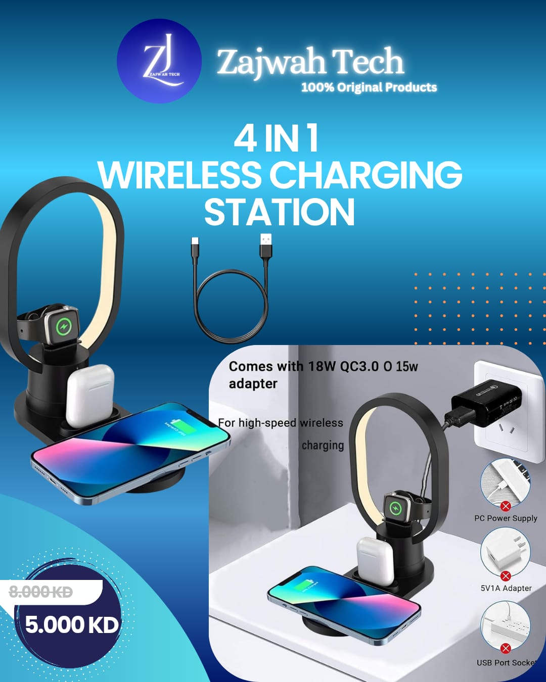 4 in 1 Wireless Charging Station, Fast 15W Wireless Charger with Desk Lamp, Charging Stand for Apple Watch/Smartwatch, AirPods, Apple/Samsung/Huawei/Xiaomi/Google/LG
