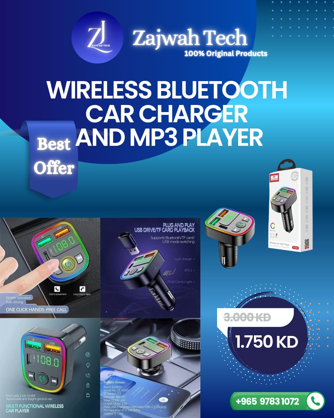 Earldom ET-M103 Wireless Bluetooth Car MP3 Player with 3.1A Fast Charging and FM Transmitter