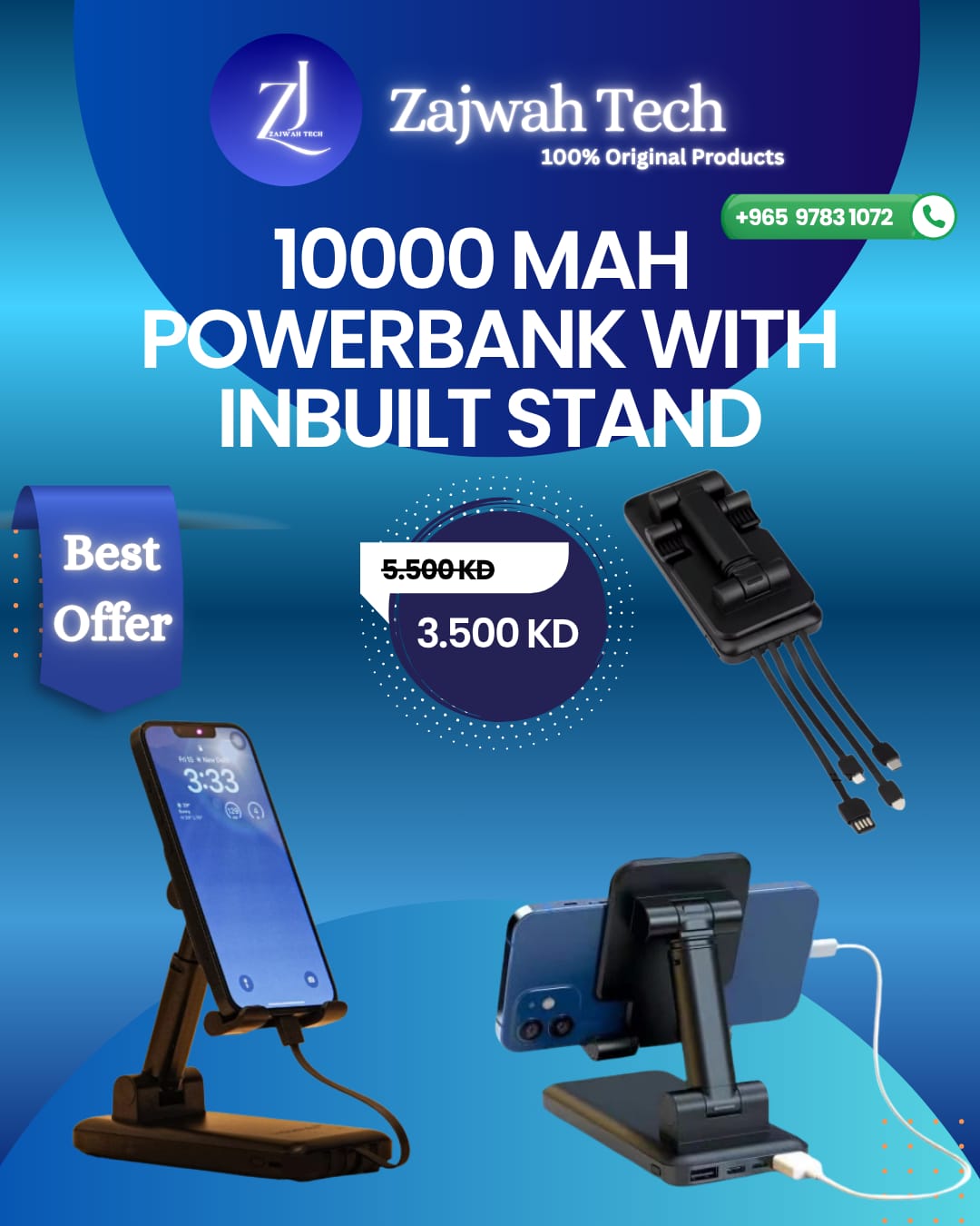 Homified Powerstand 10000Mah, Black | Powerbank with Inbuilt Stand |