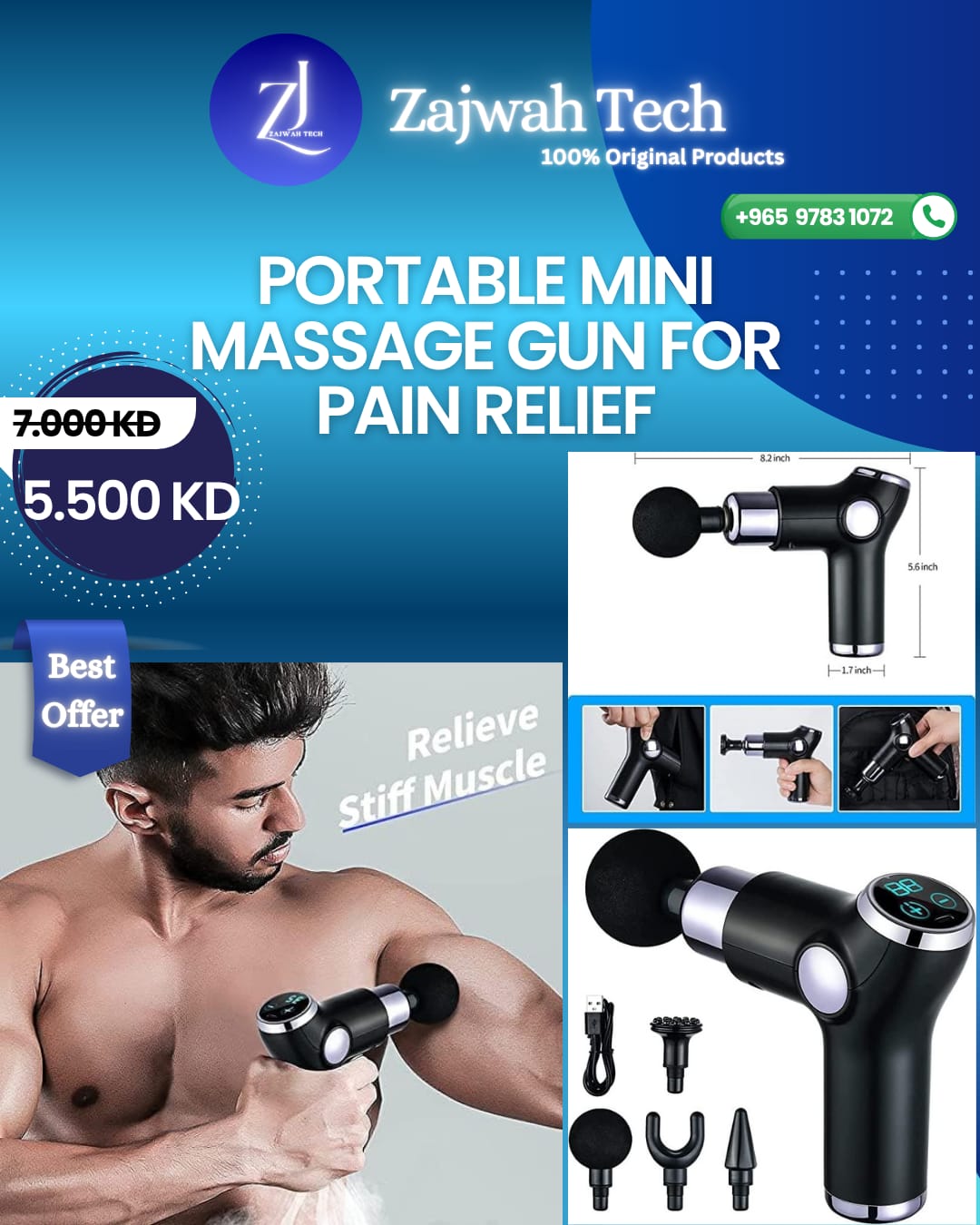 Earlmdom ET-V3 Portable Mini Massage Gun, Body Vibration Massager, Rechargeable Deep Muscle Massager for Pain Relief, 32 Speeds Electronic Display with 4 Massage Heads for Gym, Office, Home