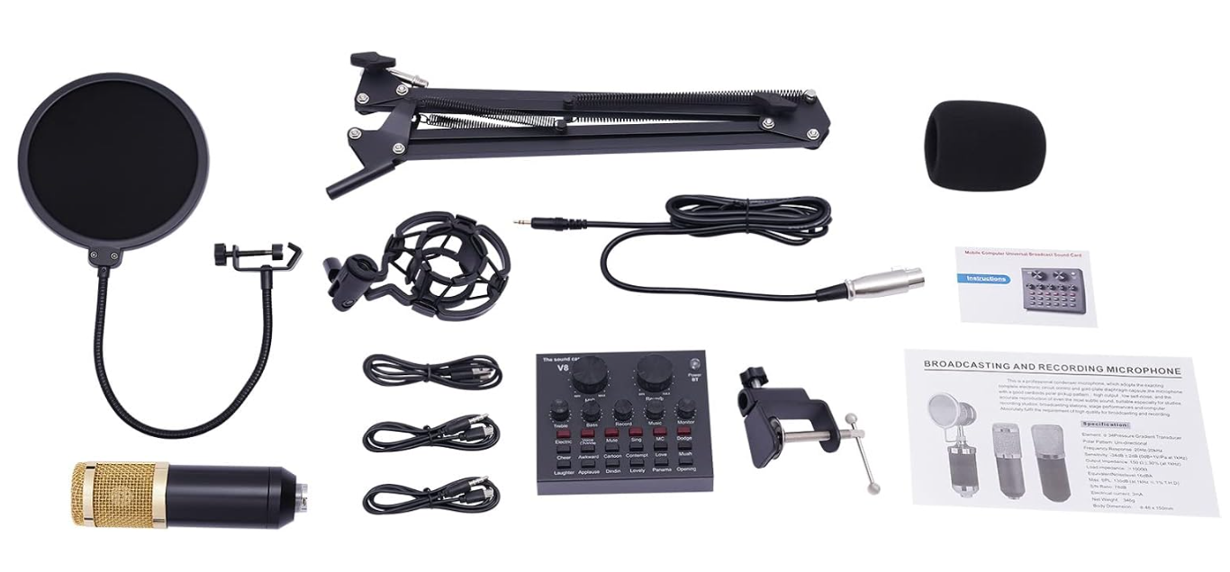 WOQLIBE Condenser Microphone Set, Recording Equipment V8 Live Sound Card