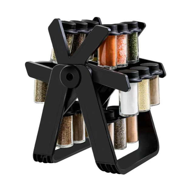 Spice organizer contains 18 glass jars
