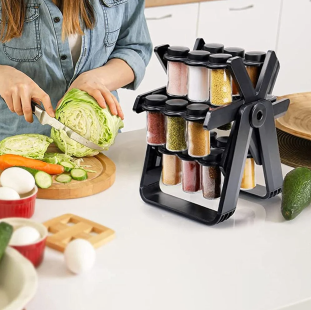 Spice organizer contains 18 glass jars