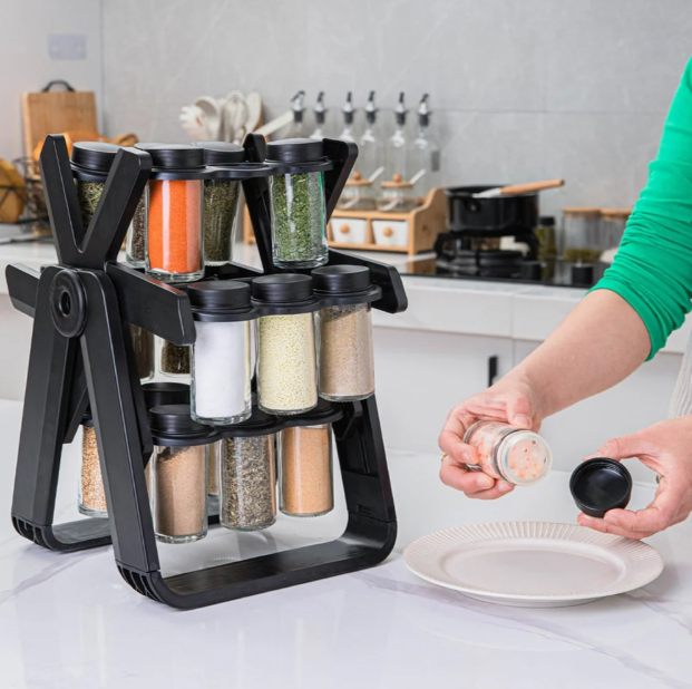 Spice organizer contains 18 glass jars