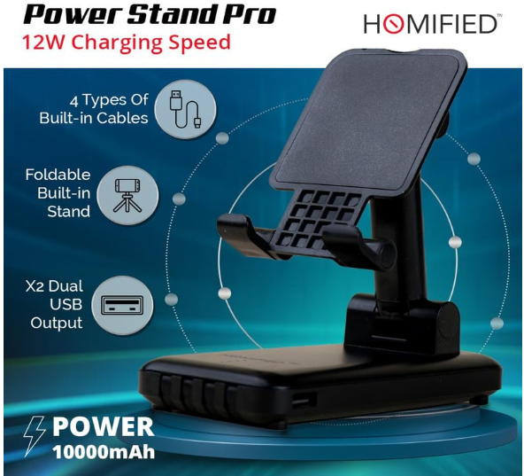 Homified Powerstand 10000Mah, Black | Powerbank with Inbuilt Stand |